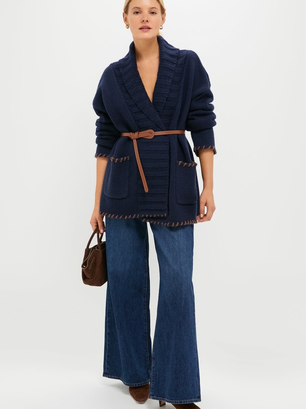Tuckernuck Navy and Brown Blanket Stitch Harrow Cardigan Size Medium NWT